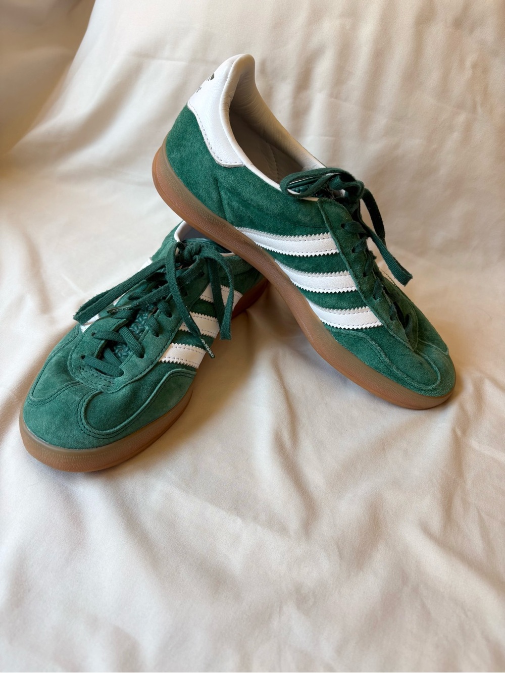 adidas Green Suede Sneakers with White Stripes and Gum Sole